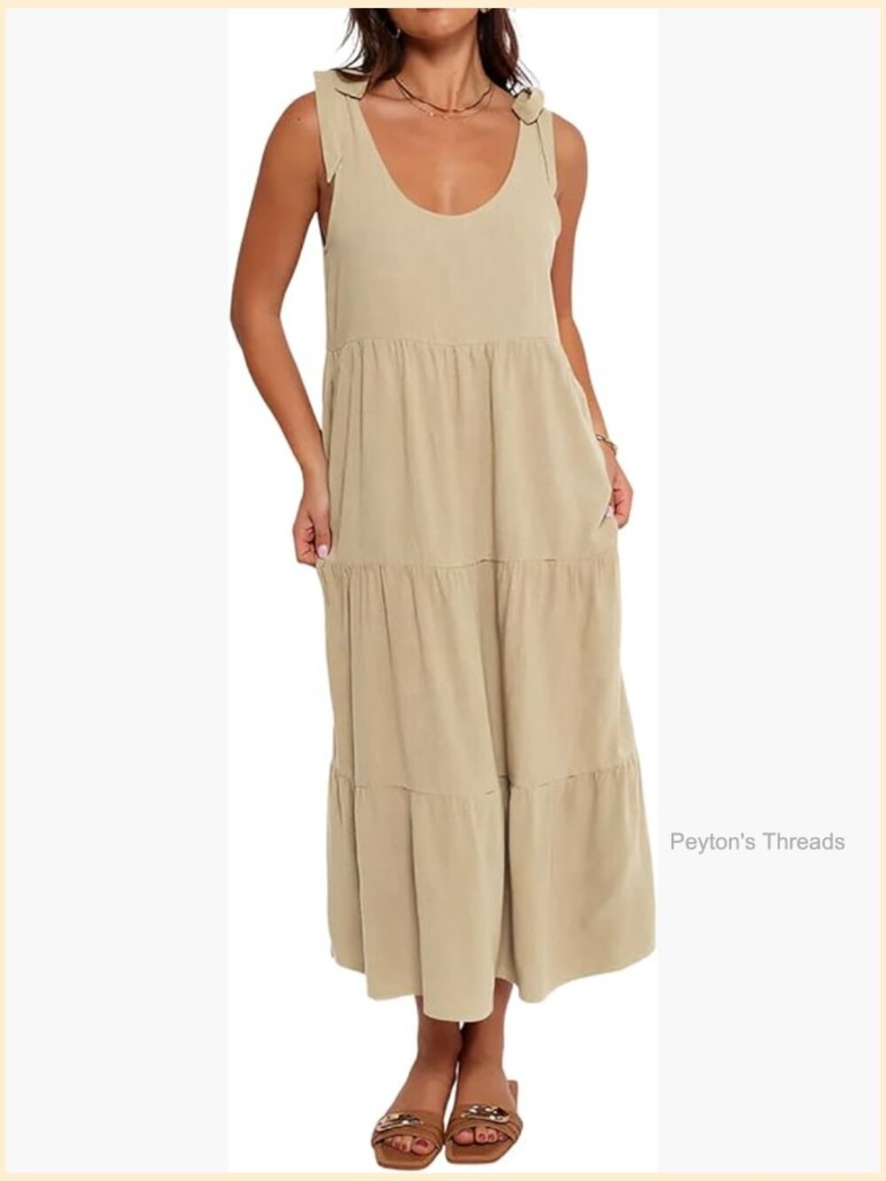 Cotton Linen Sleeveless Midi Dress with Pockets Tiered Flowy Summer
